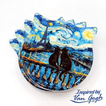 Koty w Paryżu - Podkładki ceramiczno-korkowe  z uszkami 4 szt. Inspired by Van Gogh