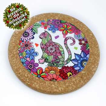Kot i kwiaty - podkładka korkowo-ceramiczna